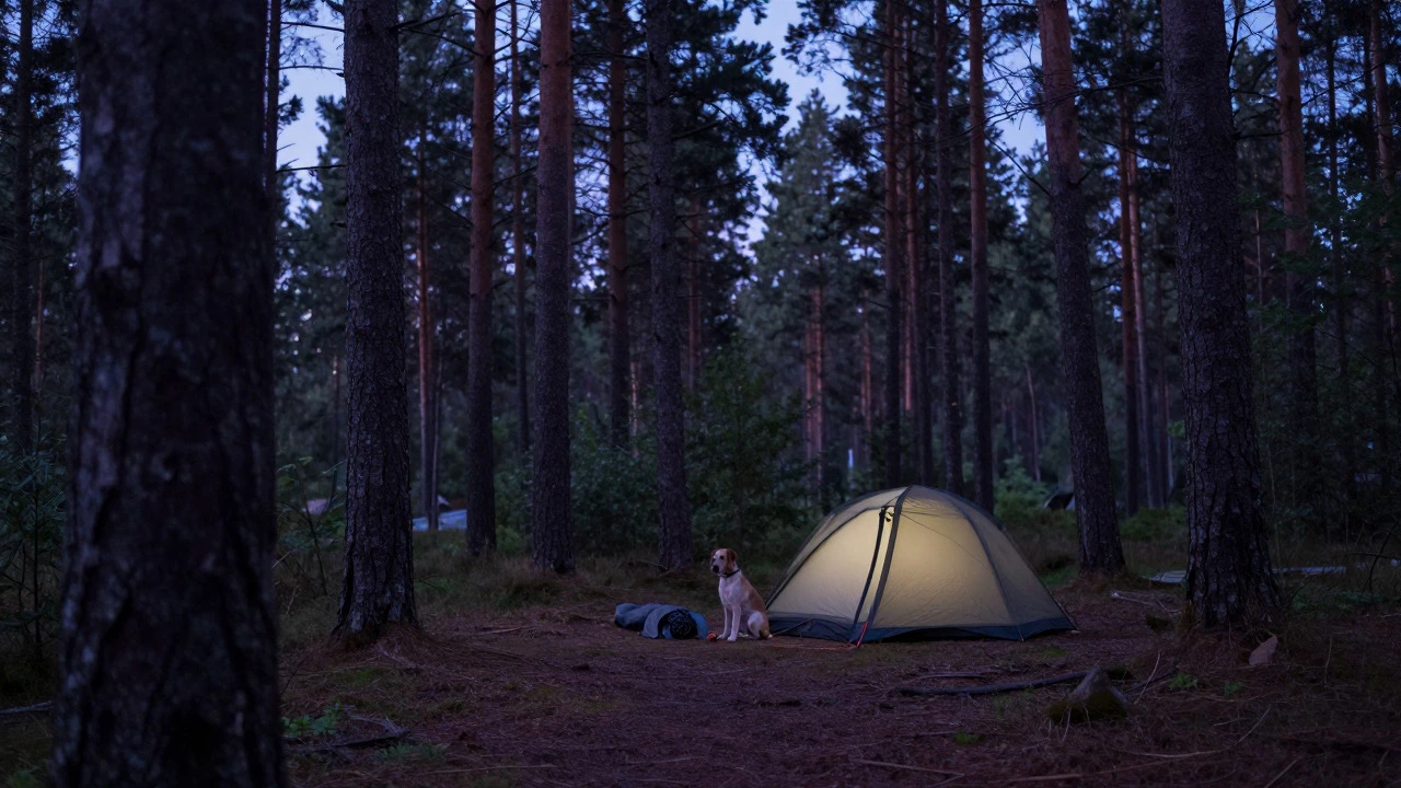 Quiet campsite in pine forest at dusk with a leashed dog nearby