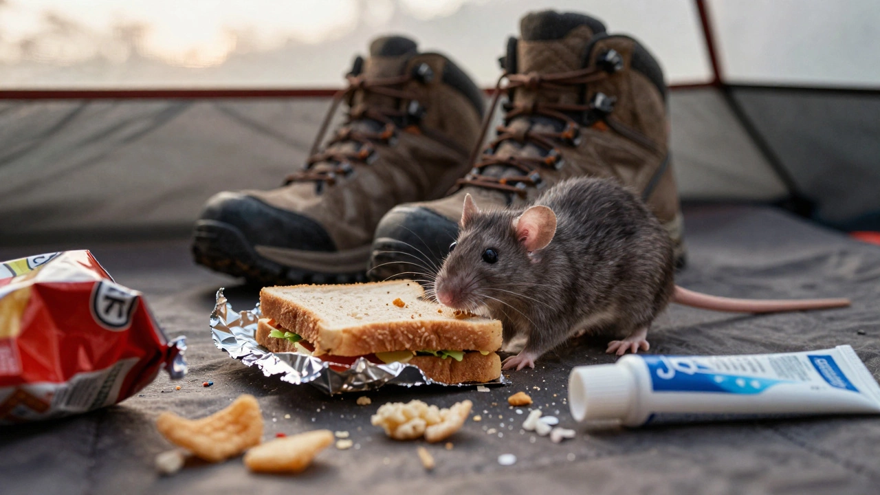 Rat eating food scraps inside a camping tent