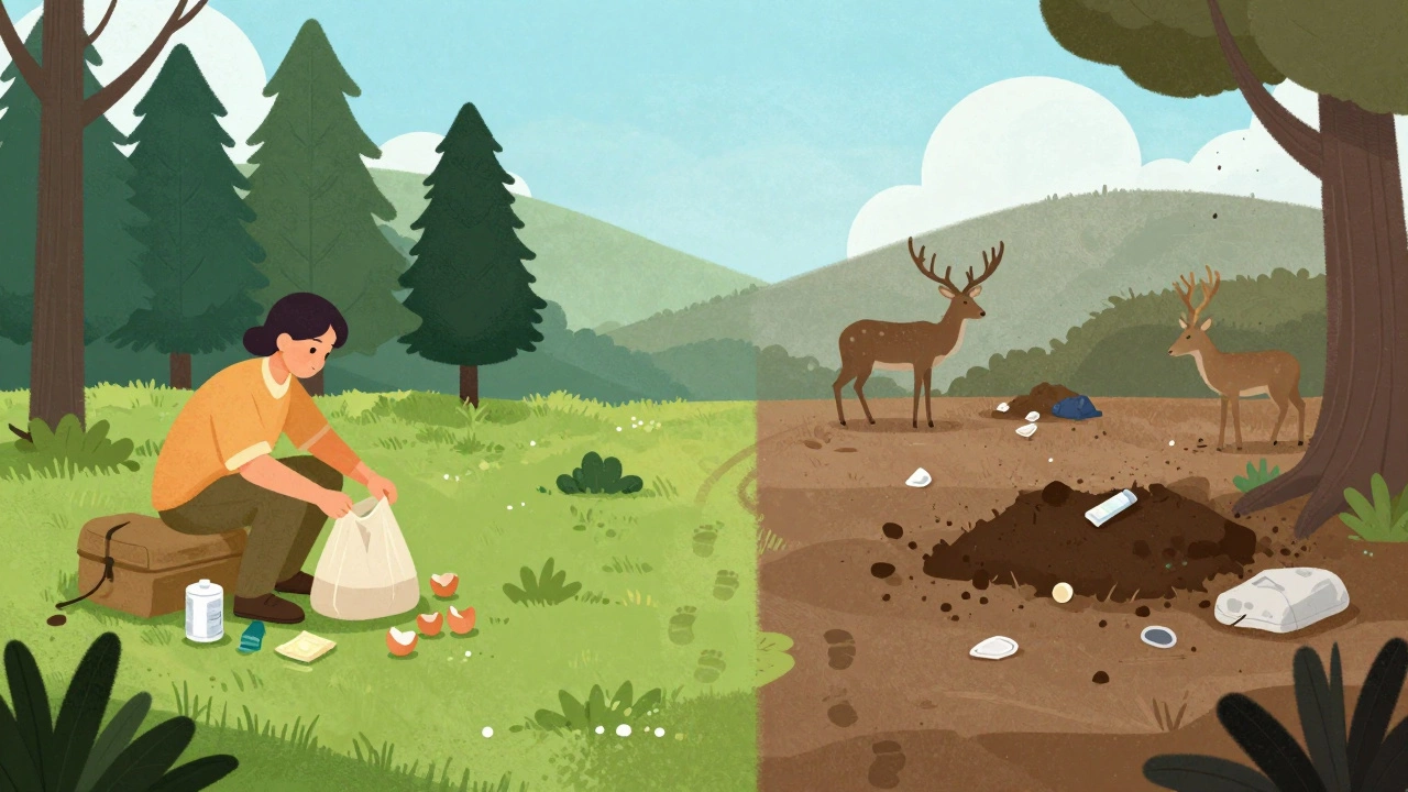 Split illustration contrasting responsible packing-out vs littered, damaged campsite