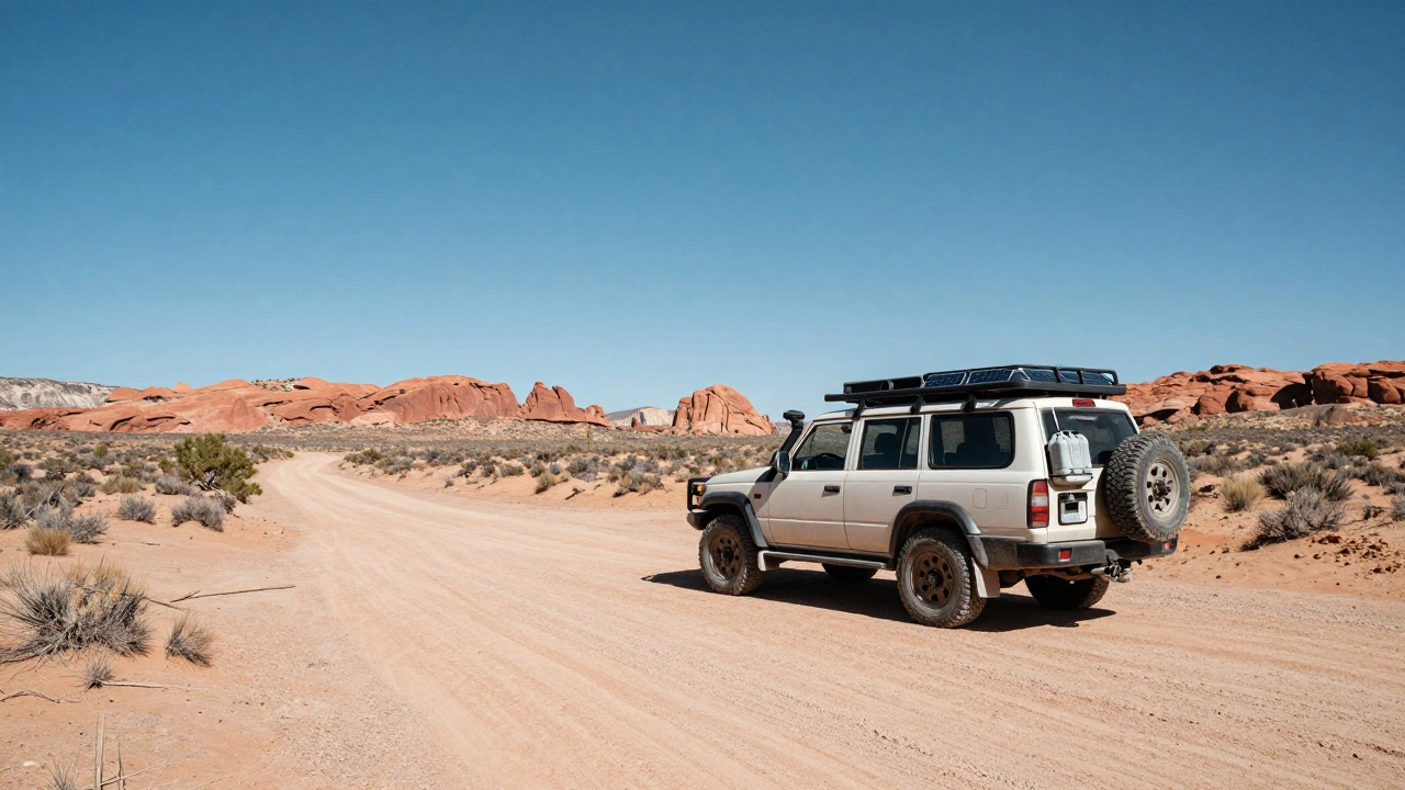 SUV boondocking in remote desert landscape with no amenities