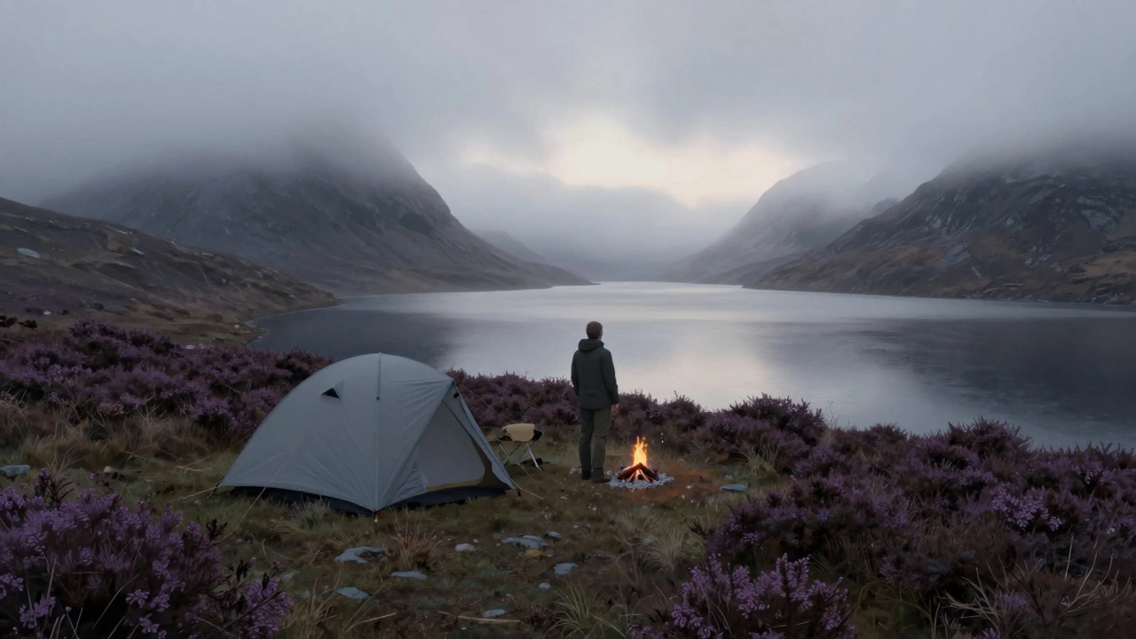 Tent wild camping on misty Scottish Highland hills near a loch