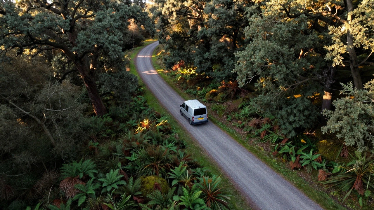 Aerial view of a campervan parked on a gravel road in a dense forest