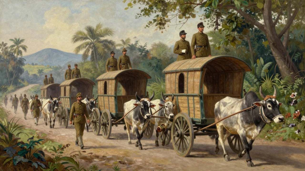 British colonial officers traveling in enclosed wagons pulled by oxen in India