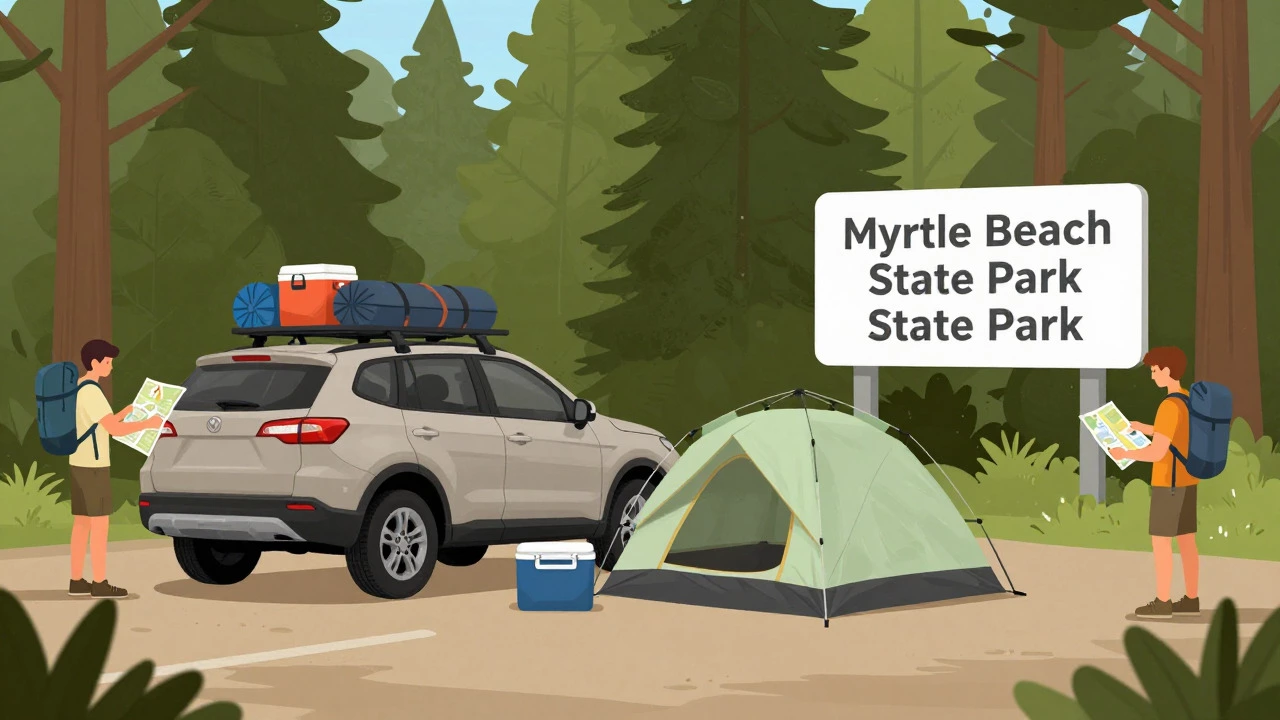 Camper packing tent near state park entrance with hiking gear