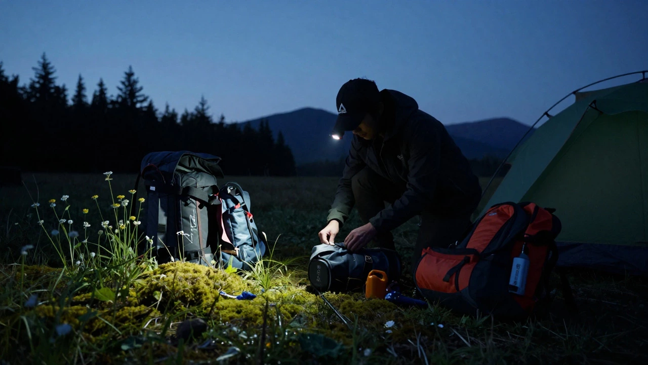Camper packing up site at dusk using red headlamp light