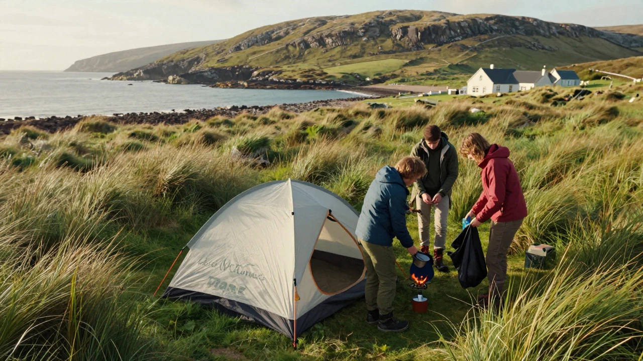 Campers using gas stove near dunes
