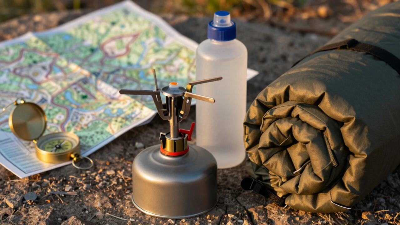 Camping gear including stove, filter, and map on rocky terrain