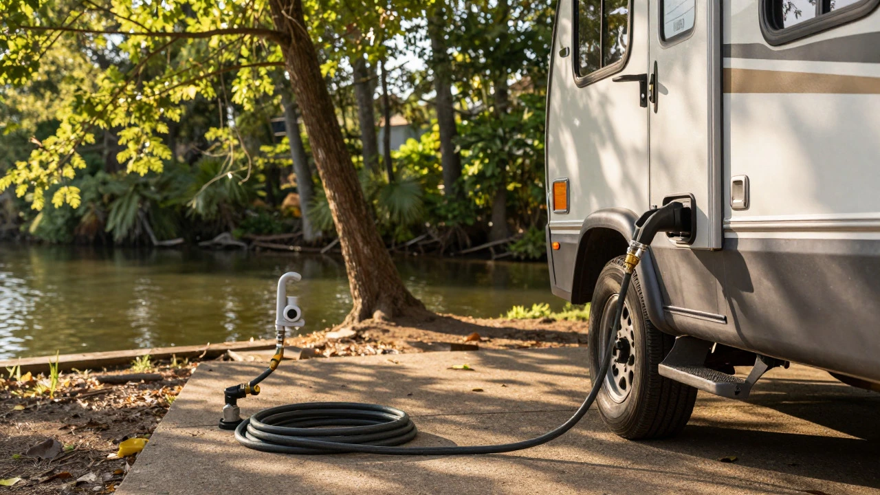 Close-up of an RV connected to water and electricity hooks at a lakeside campground