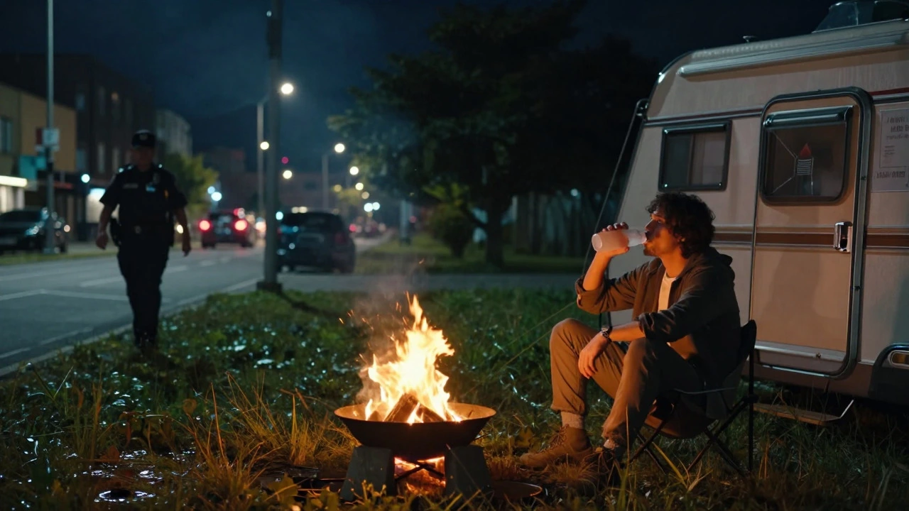 Comparison of a city street at night and a quiet campsite with a person drinking from a flask