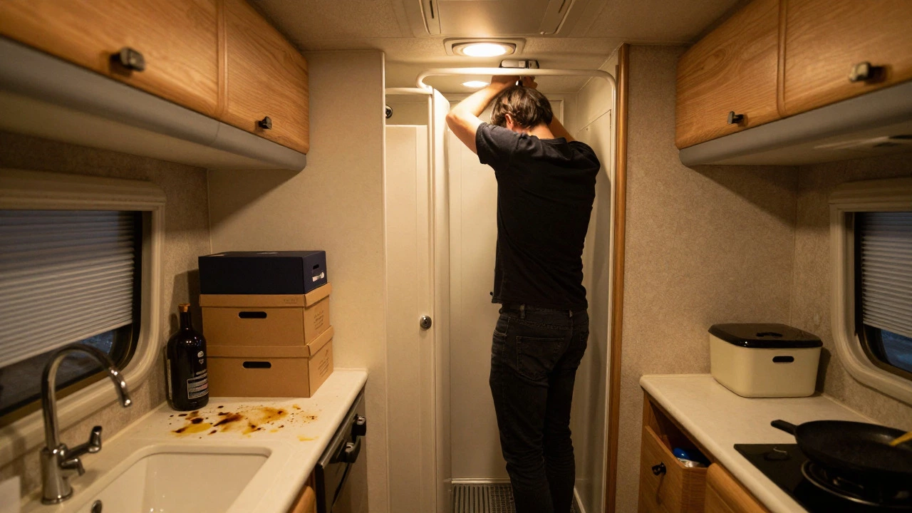 Cramped RV interior showing low ceilings and cluttered space