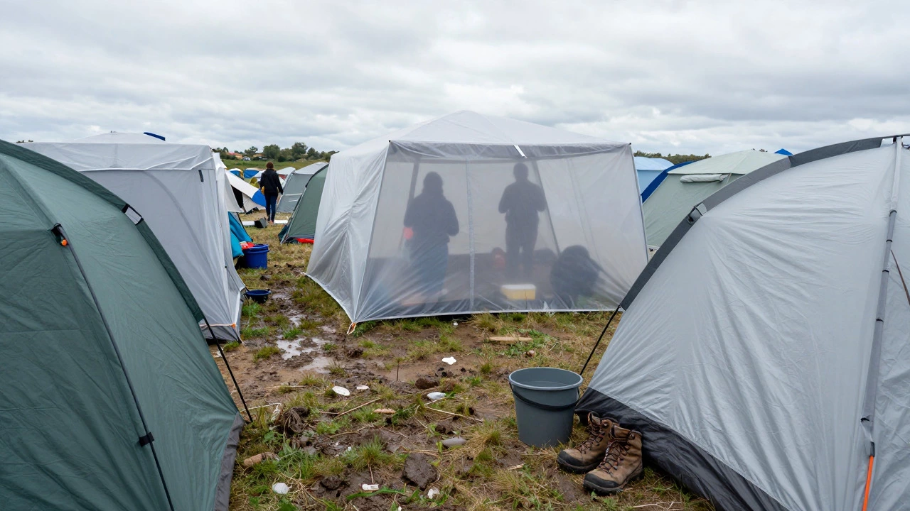 Crowded muddy campsite with transparent tents and no privacy