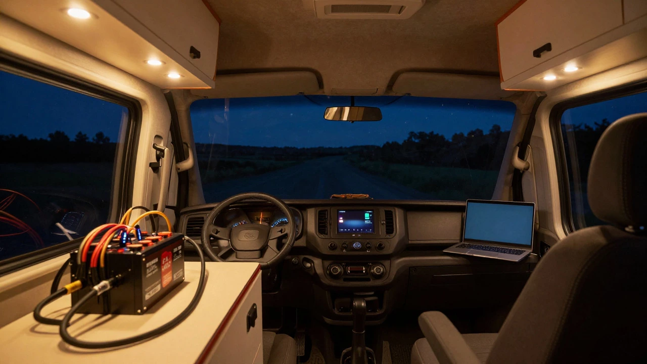Custom battery bank powering appliances inside a camper van at night