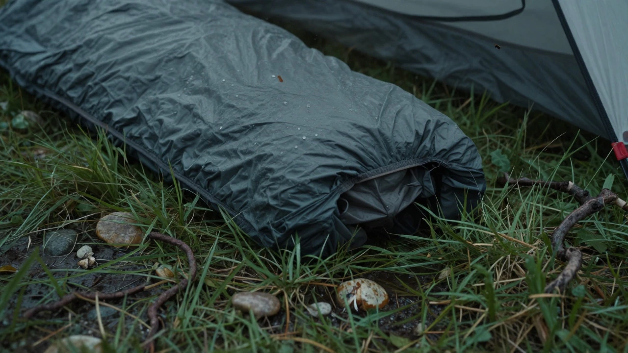 Damp sleeping bag on uneven, rocky ground with dew and insects
