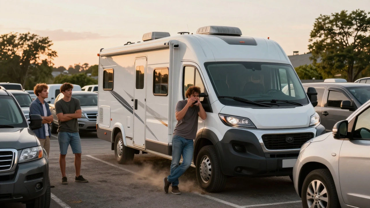 Driver struggling to park large RV in tight campground spot