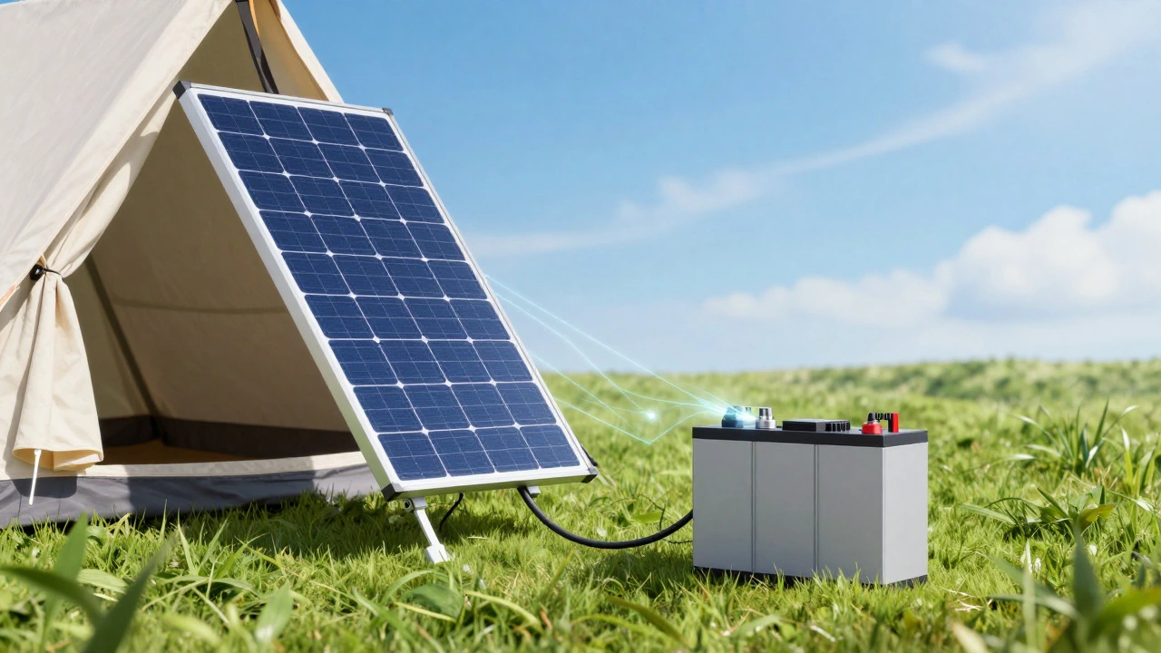 Flexible solar panel attached to a tent charging a battery bank
