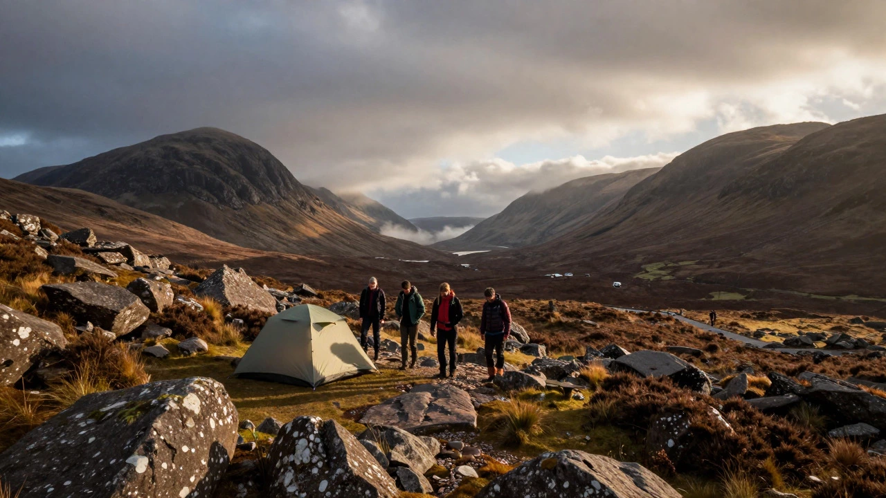 Hikers pitching tent in remote Scottish Highlands landscape