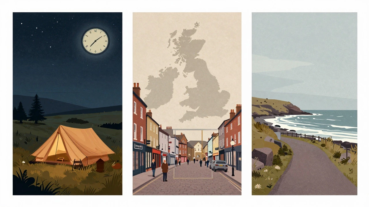 Illustration of three UK landscapes representing different public drinking regulations
