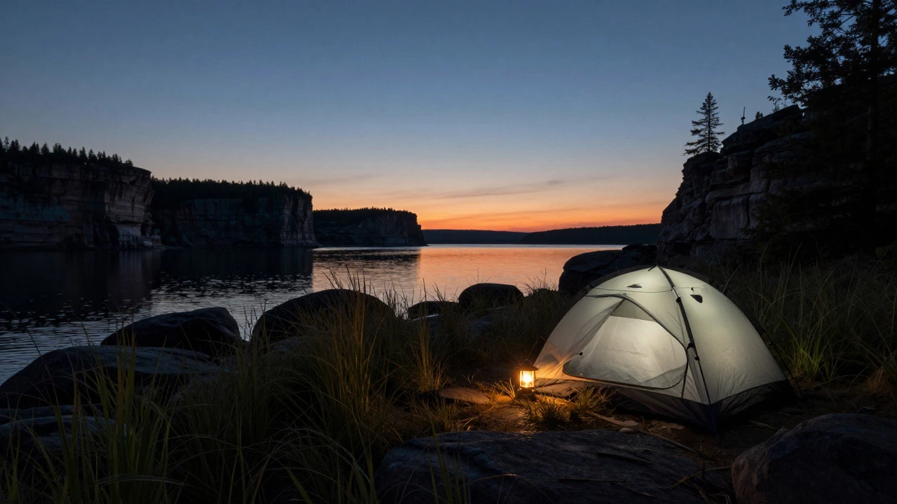 Lone camper with glowing tent at a remote lakeside campsite at dusk in Michigan
