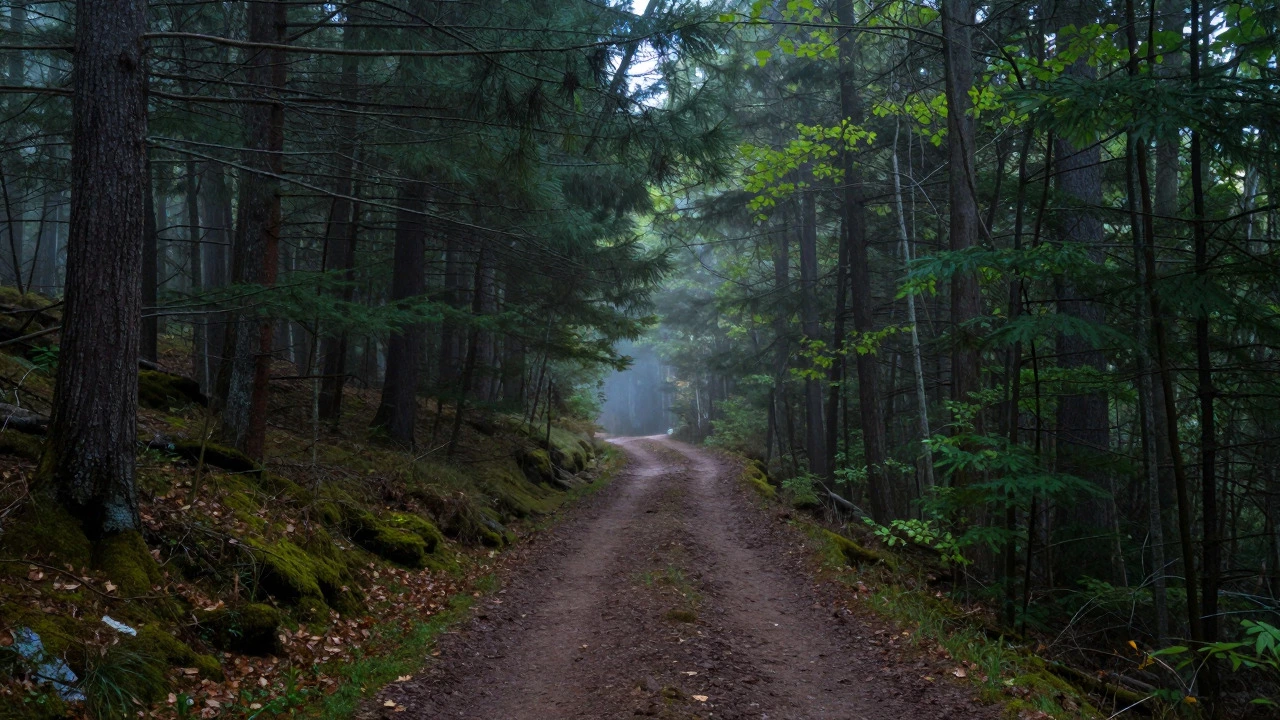 Misty forest trail winding through dense trees in the interior of Pictured Rocks park