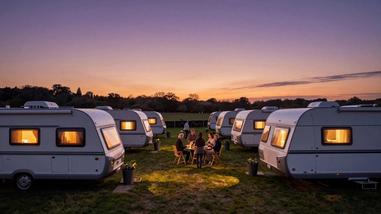 Modern caravan park at dusk with neighbors gathering in a communal area