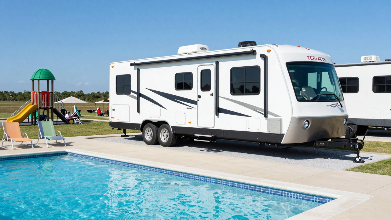 Modern RV park with swimming pool and playground facilities near Myrtle Beach