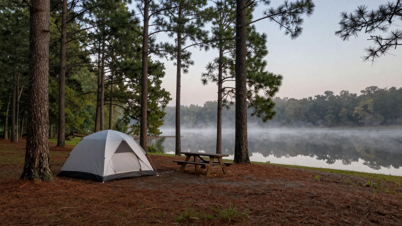 Peaceful tent campsite in a South Carolina state park surrounded by pine trees