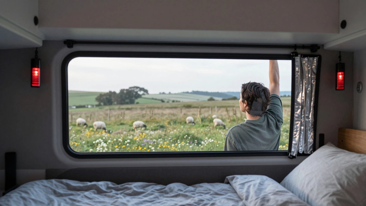 Person waking up inside a tidy campervan looking at a countryside view