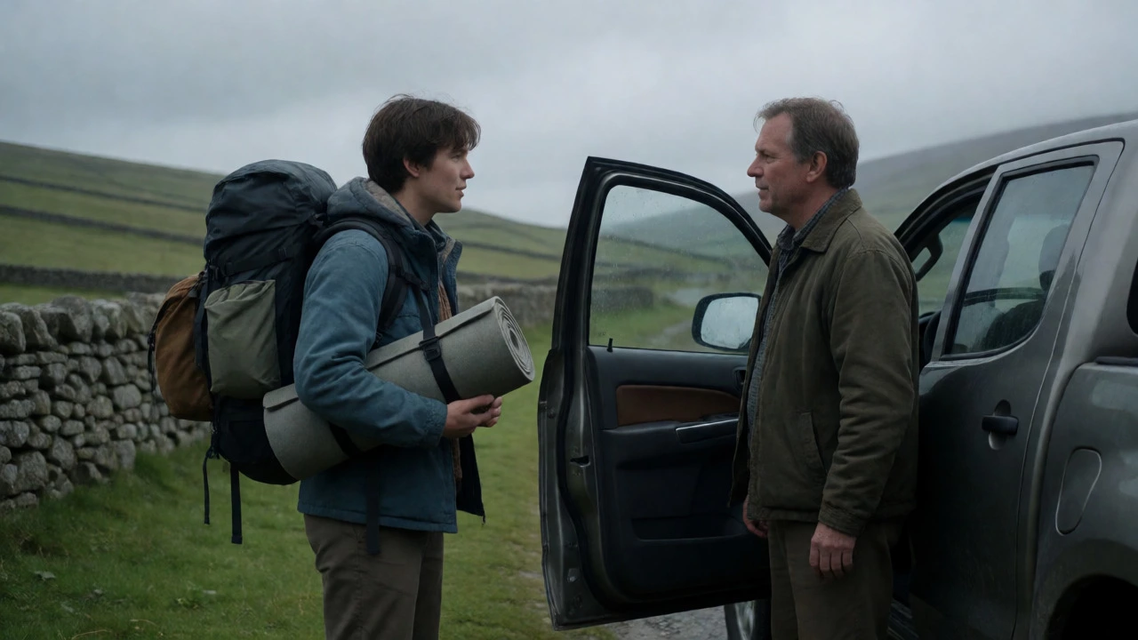 Polite conversation between camper and landowner in English countryside