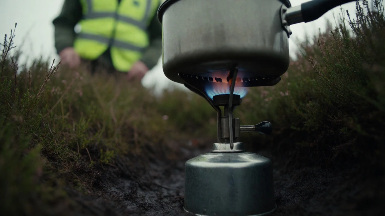 Portable gas stove on peat bog with ranger watching in background