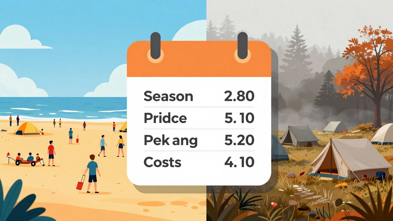 Split image showing busy summer beach vs quiet autumn campground