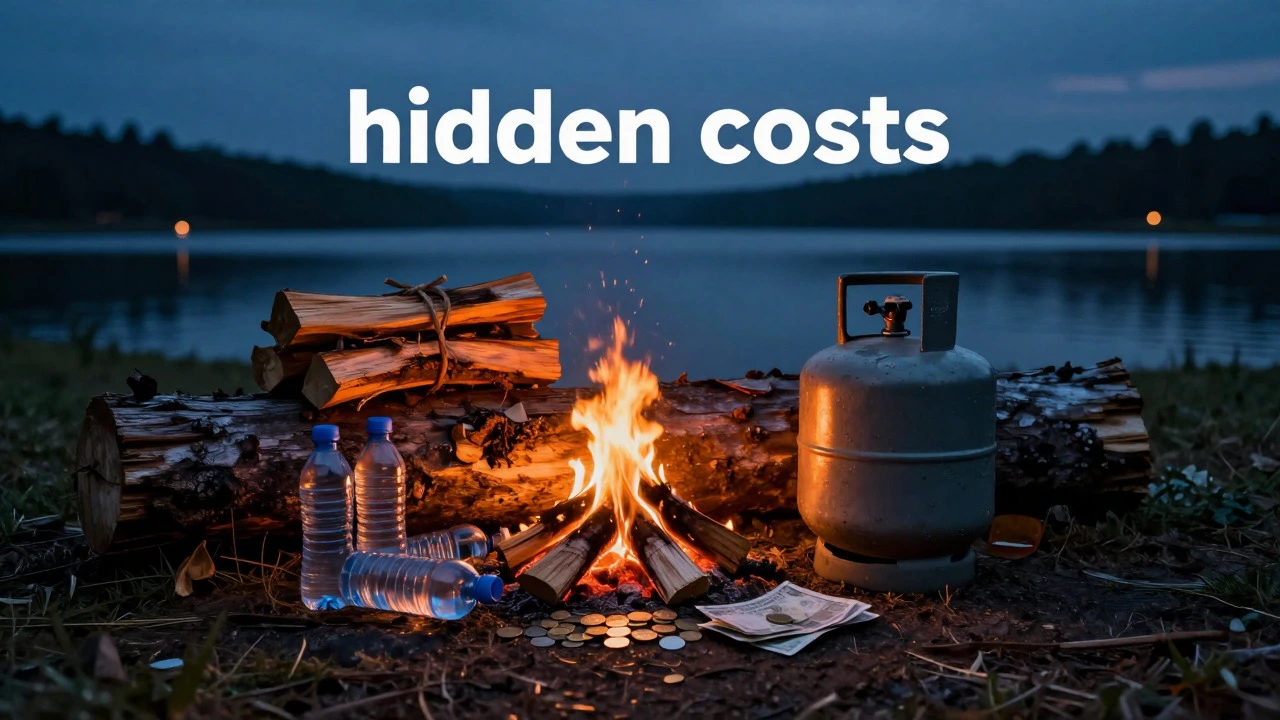 Still life of firewood, propane, and money on a log representing hidden camping costs