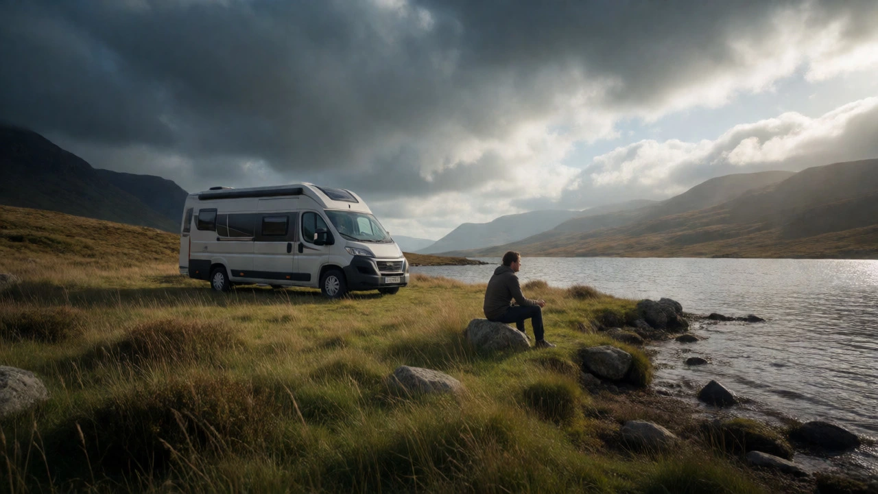 Van parked freely by a Scottish loch under dramatic skies, showing relaxed van life.