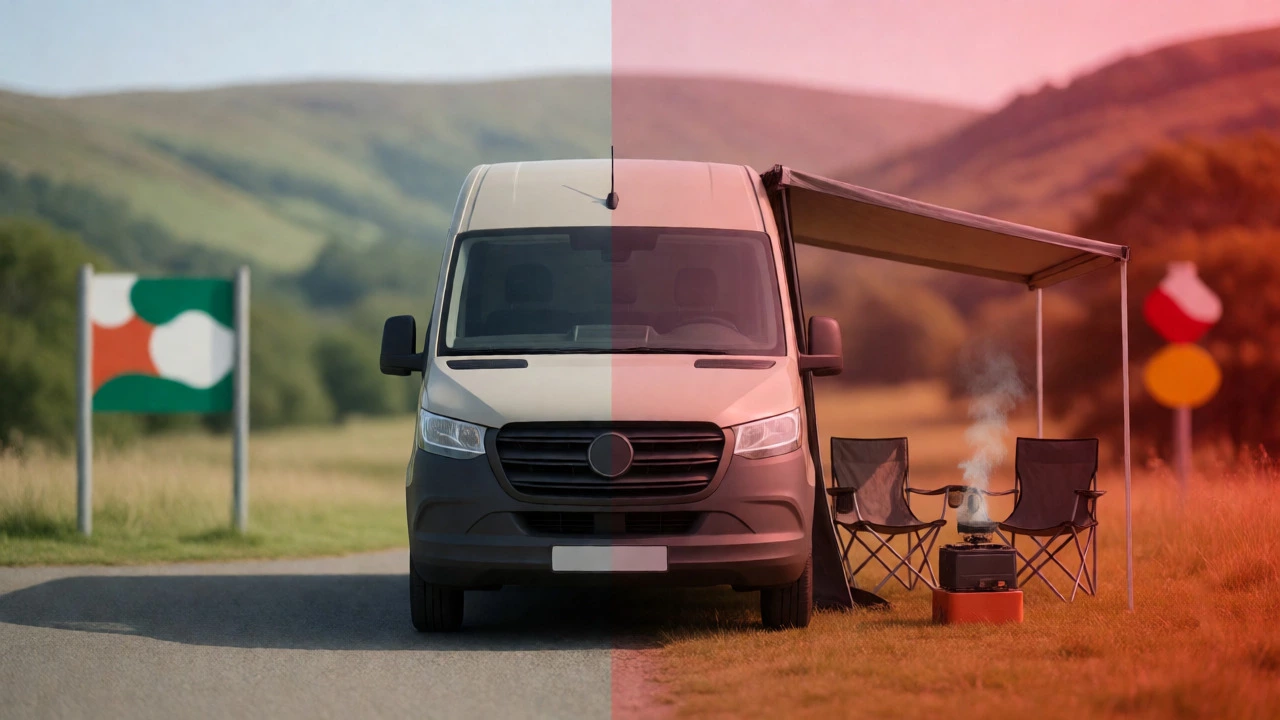 Visual comparison of discreet van parking versus camping with awnings and chairs.