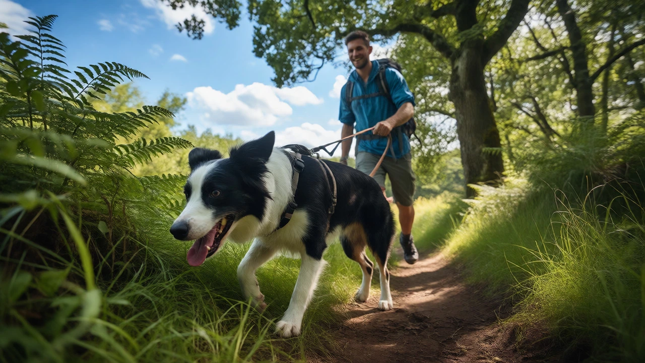 A hiker and their border collie exploring a lush forest trail together.