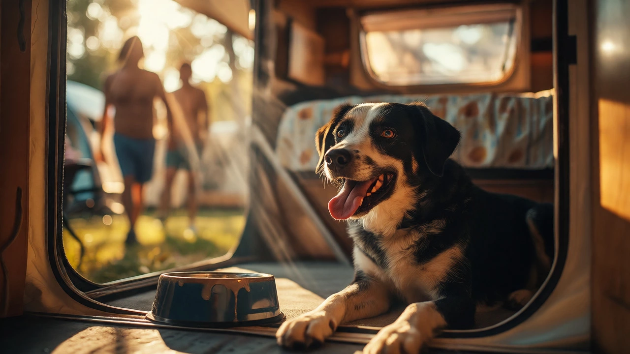 A panting dog resting inside a caravan with sunlight streaming in, indicating heat.