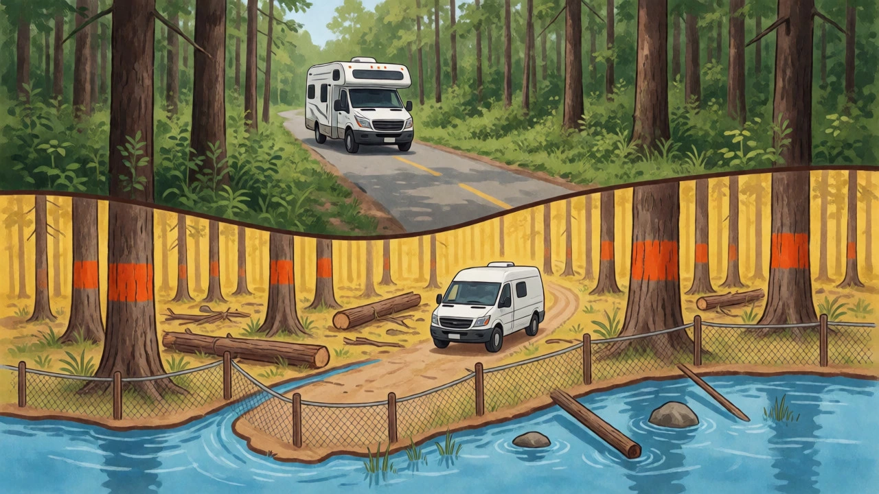 Artistic cross-section showing public roads, private logging lands, and water buffers