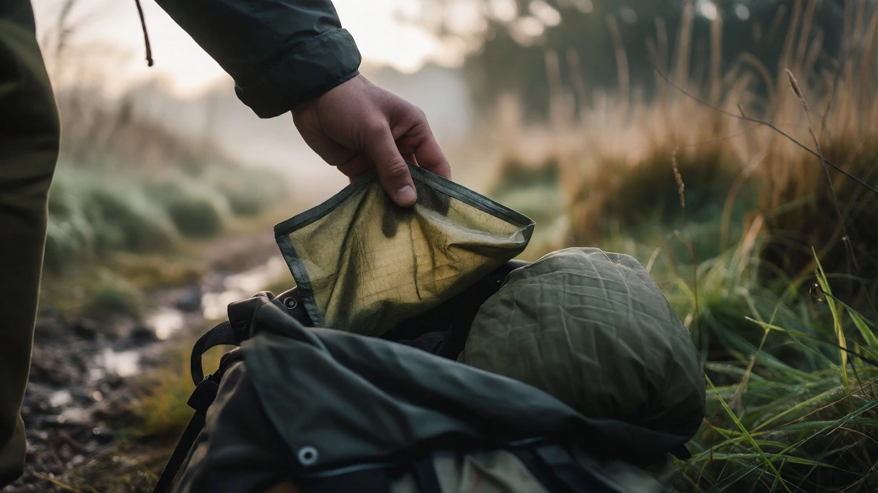Camper packing gear at dawn to leave no trace