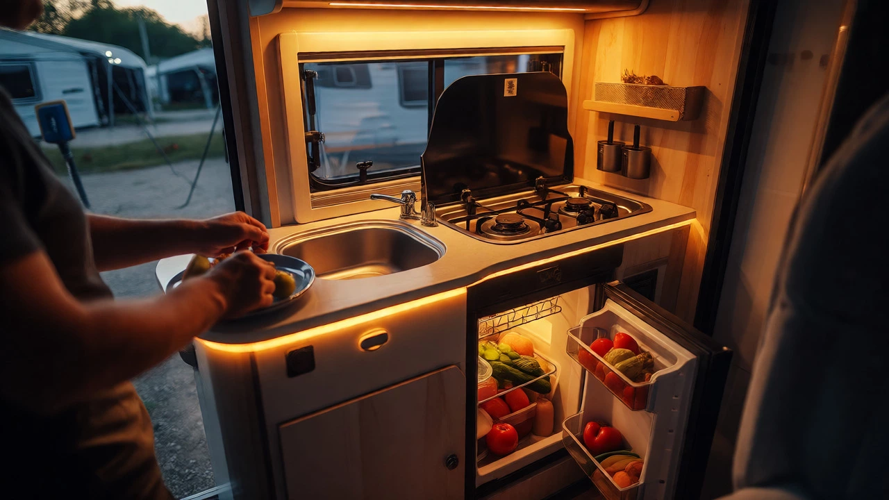 Compact motorhome kitchenette interior with warm lighting