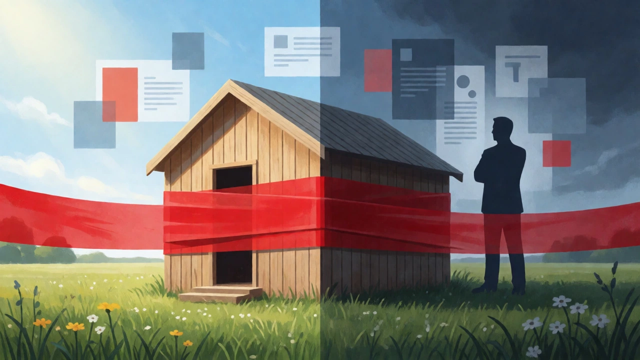 Conceptual art showing a cabin wrapped in red tape with a council official silhouette.