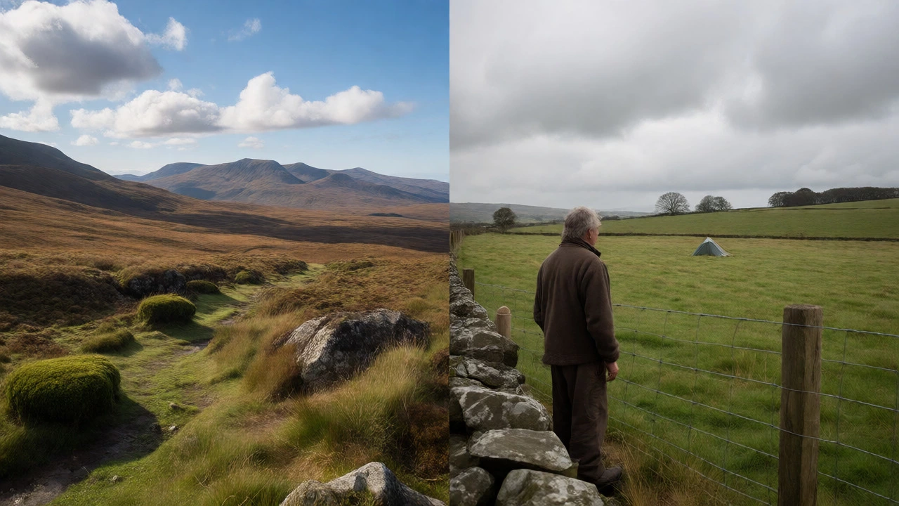 Contrast between open Scottish hills and fenced English fields