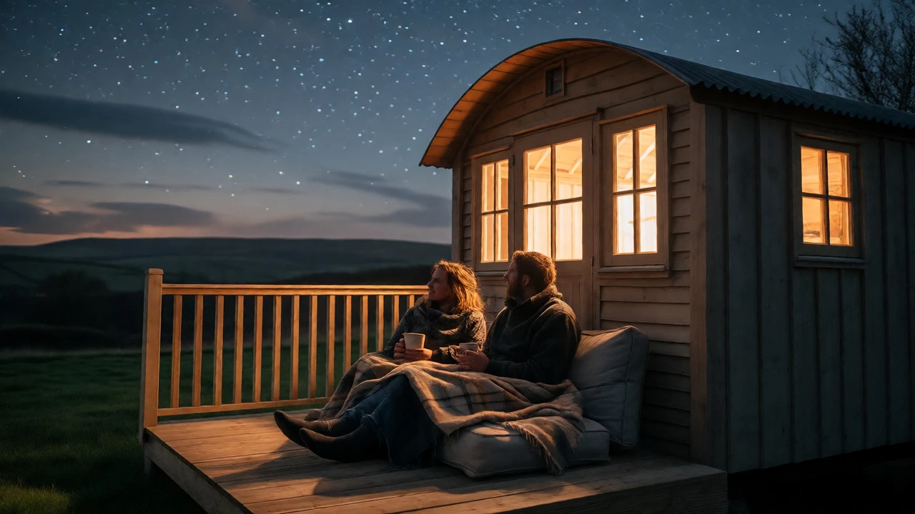 Couple relaxing on the deck of a shepherd's hut under a starry night sky