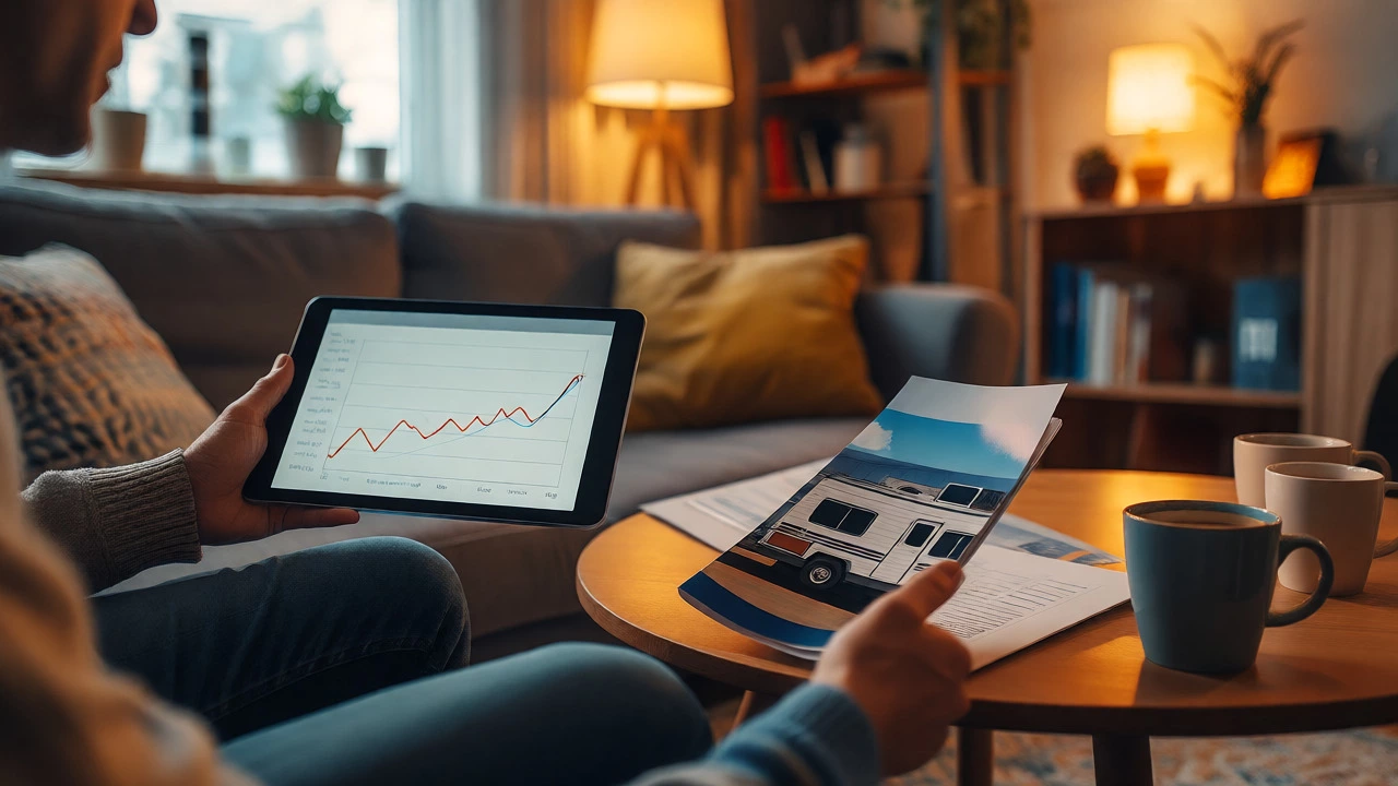 Couple reviewing financial documents and RV brochures at home