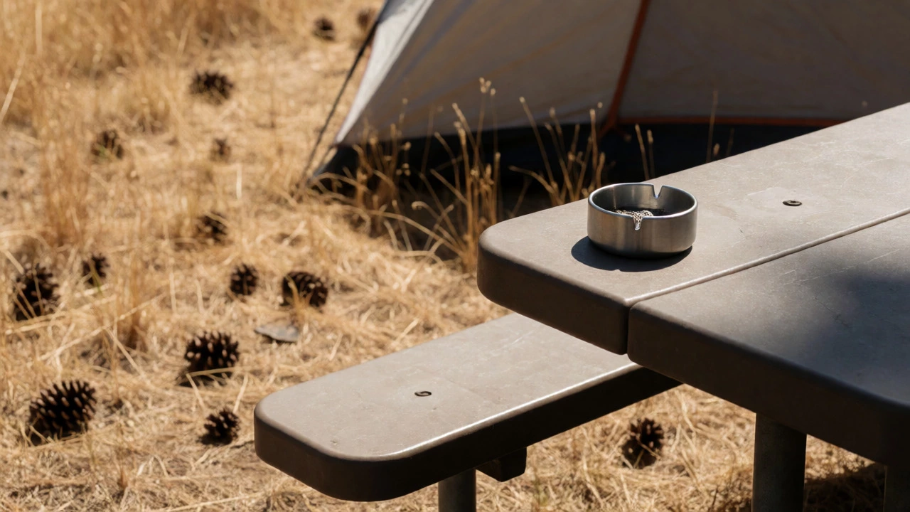 Extinguished cigarette in pocket ashtray at campsite