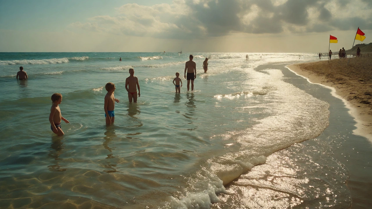Family swimming in shallow safe waters at Hunstanton with lifeguard flags