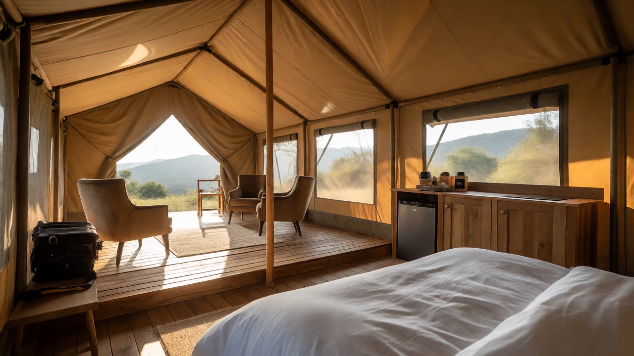 Interior of a safari tent glamping suite with kitchenette and scenic views
