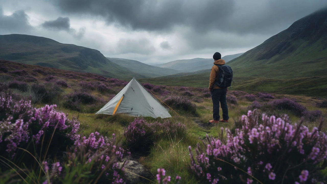 Lone camper's tent in Scottish Highlands wild camping landscape