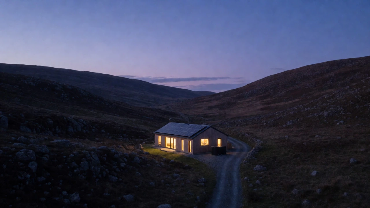 Modern off-grid eco-home with solar panels glowing warmly in a Welsh valley at dusk.