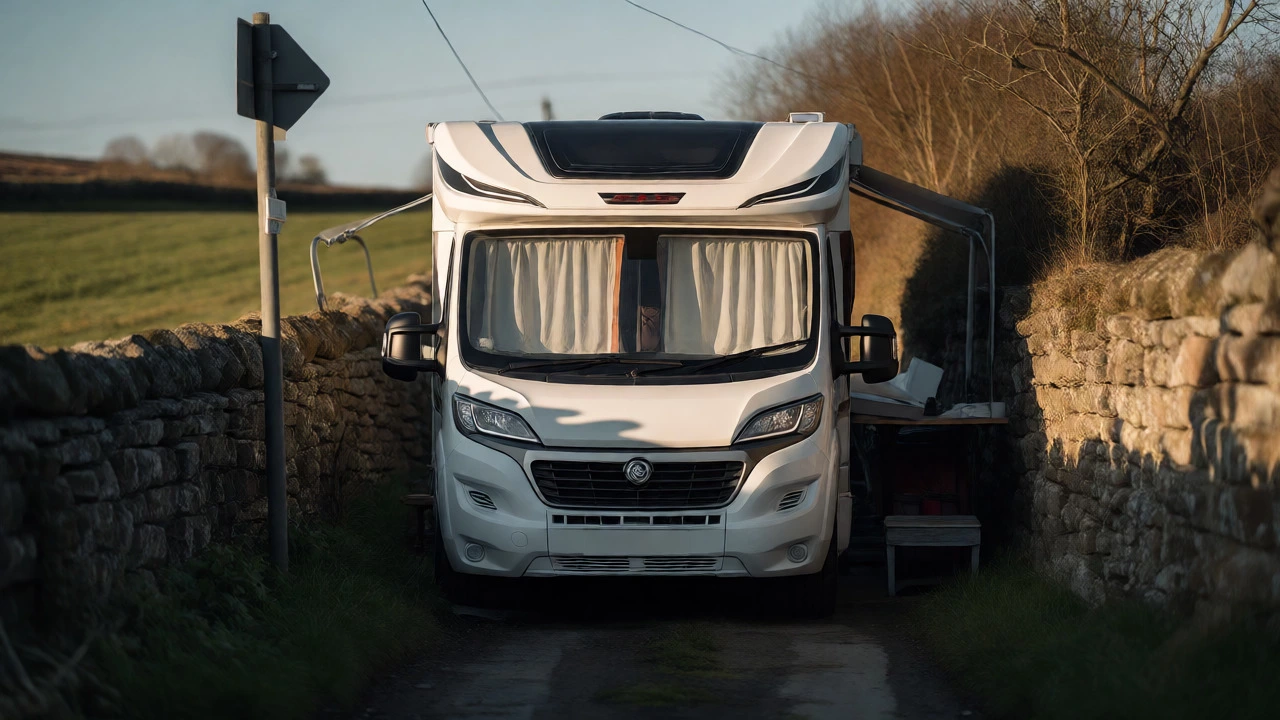 Motorhome parked in a restricted rural UK layby with council signage