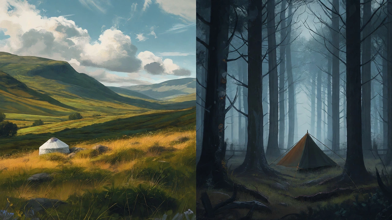 Split view comparing free Scottish woodland vs restricted English woods