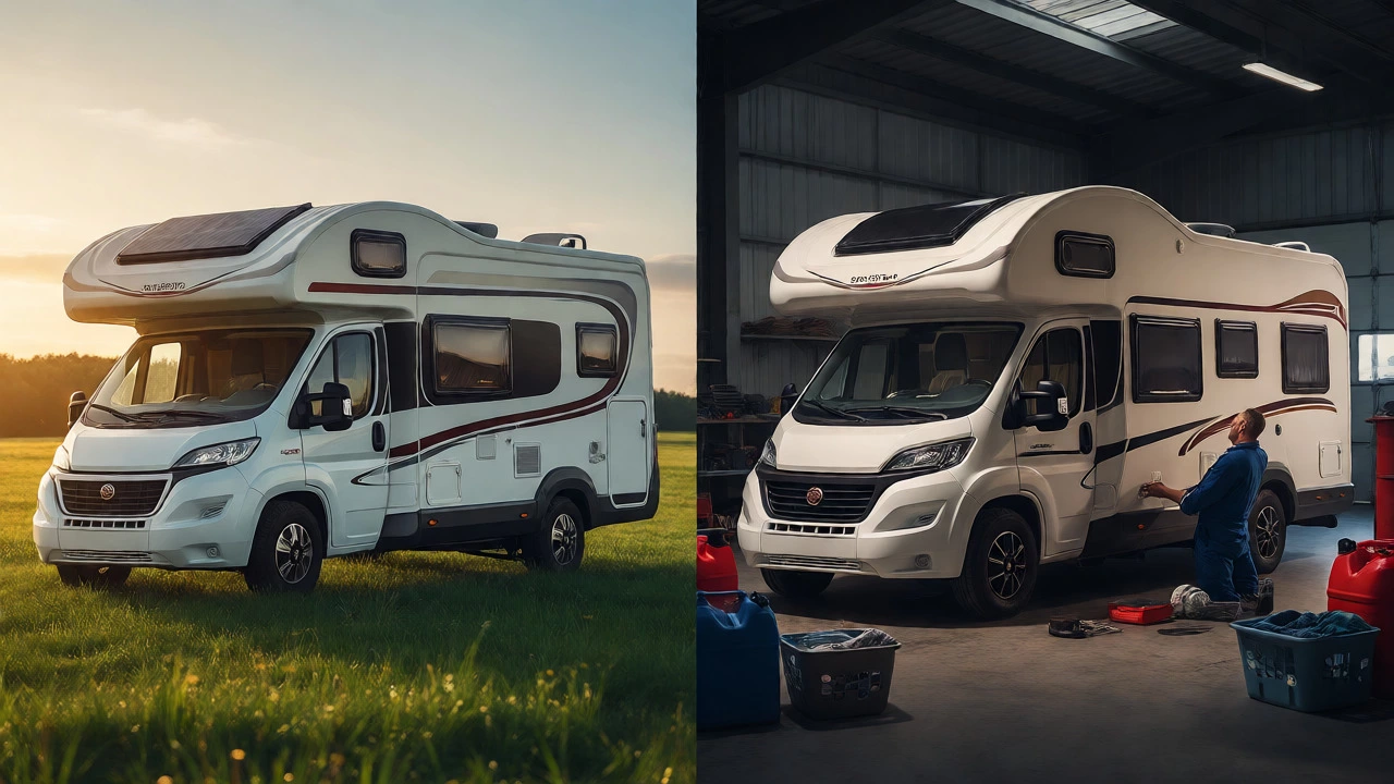 Split view of motorhome in nature versus maintenance setting